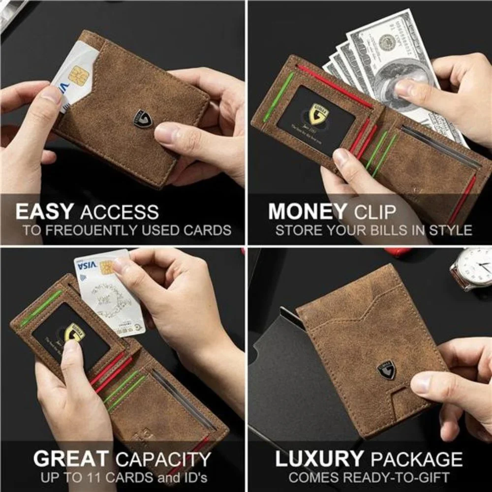 Mens Premium Slim Wallet Leather Carbon Fiber Rfid Blocking Credit Card Holder
